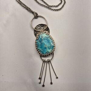 Handmade 925 Silver Blue Turquoise Stone Boho Chunky Dangle Pendant Necklace